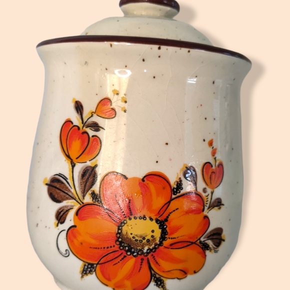 Vintage Poppy Valencia 2 Stoneware Canisters Orange Flowers japan - Picture 8 of 8